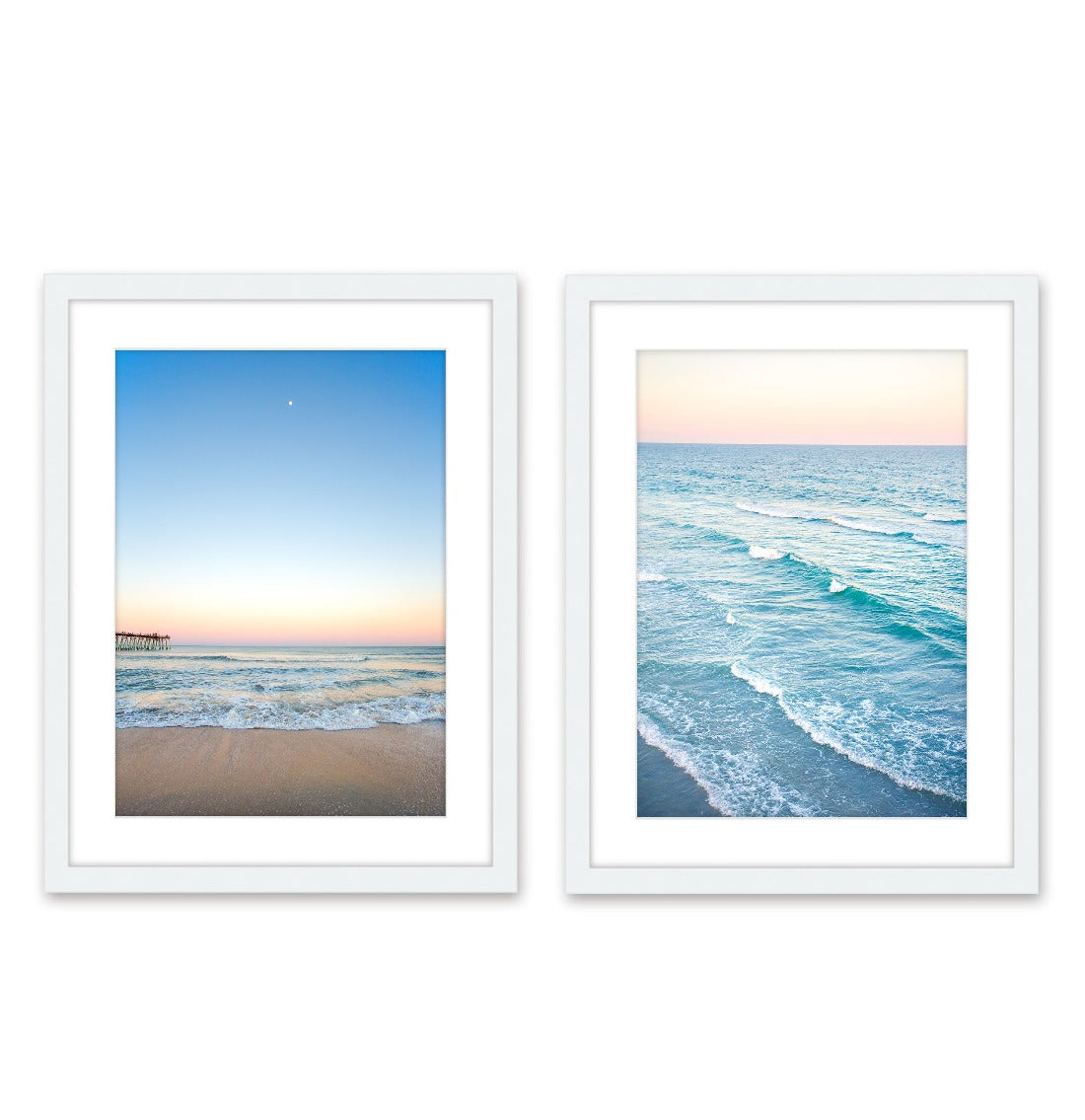set of 2 Sunset blue beach photographs, White Wood Frame by Wright and Roam