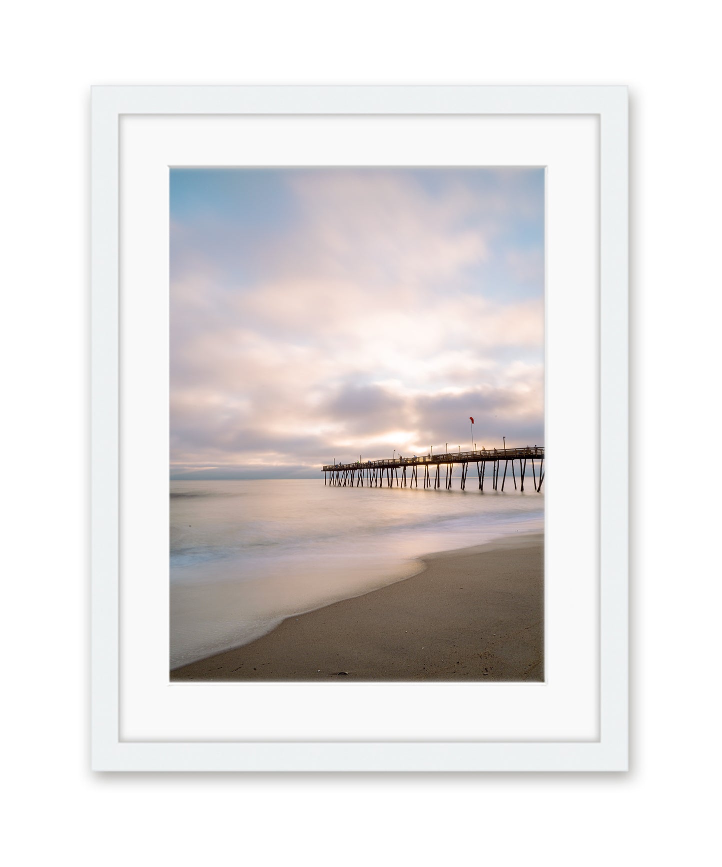 outer banks, avalon pier photograph, pastel beach wall art print by Wright and Roam, White Wood Frame