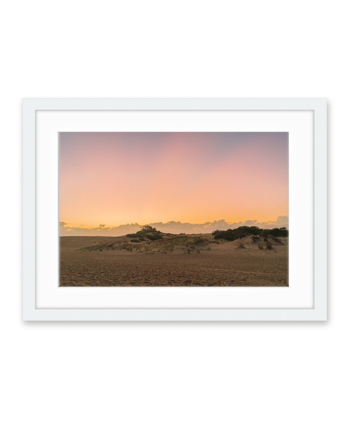 outer banks, jockeys ridge sunset dunes photograph by wright and roam, white frame