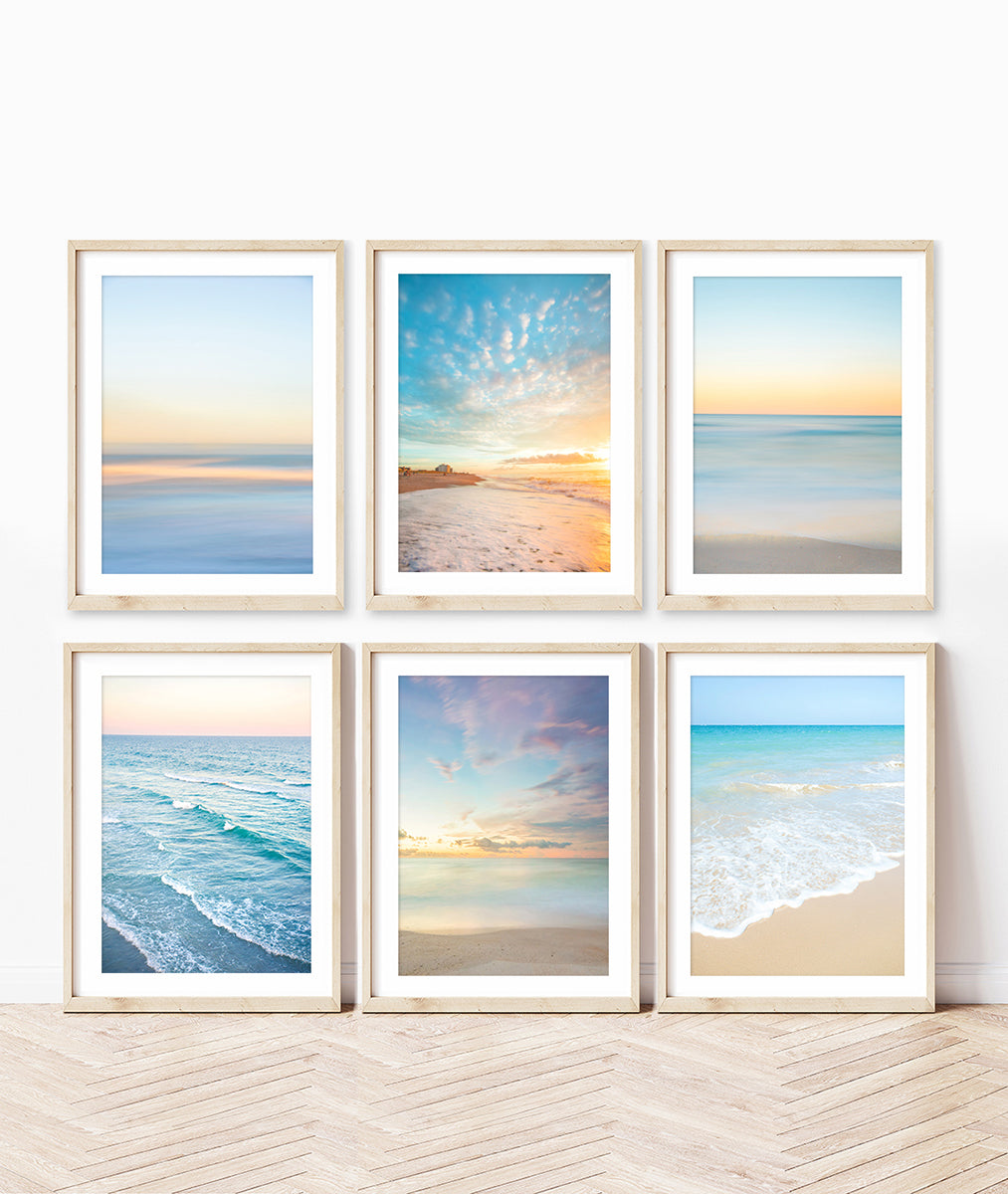 gallery wall, tropical blue and yellow beach photographs, Wright and Roam