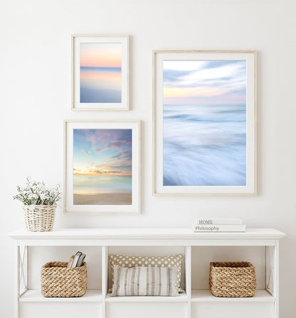 Coastal Gallery wall featuring Pastel Abstract Minimal Blue Beach Photographs by Wright and Roam