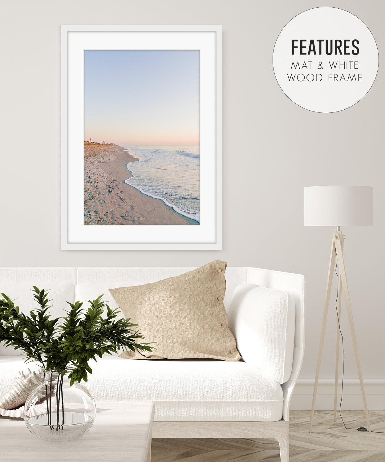 Neutral Coastal Living Room decor, White Frame Pastel Blue Beach Print by Wright and Roam