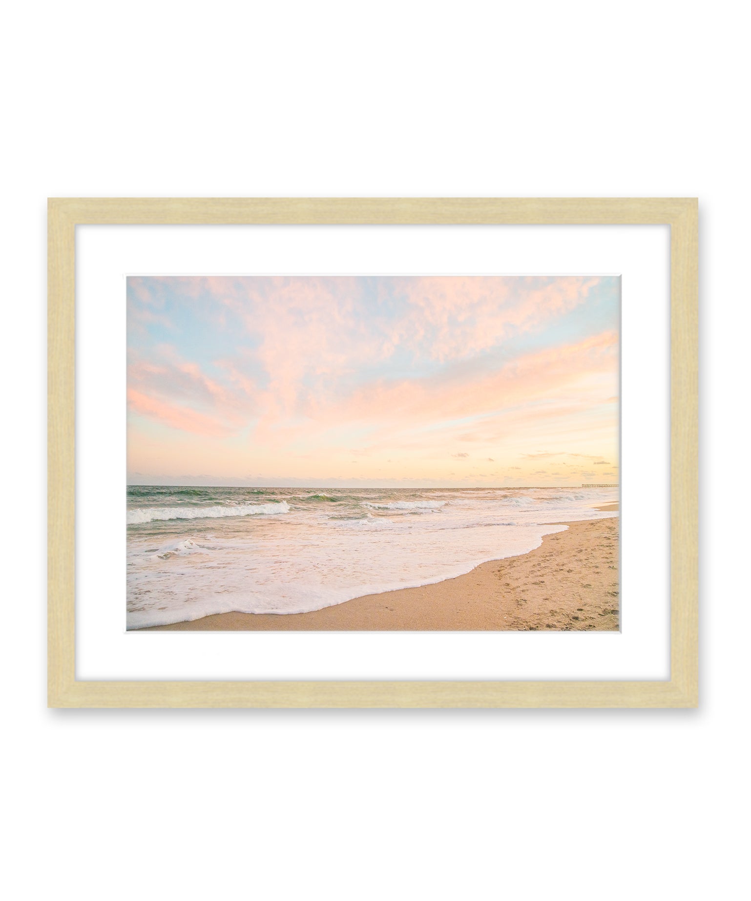 Pastel Warm Sunset on Wrightsville Beach Photograph with Natural Wood Frame by Wright and Roam