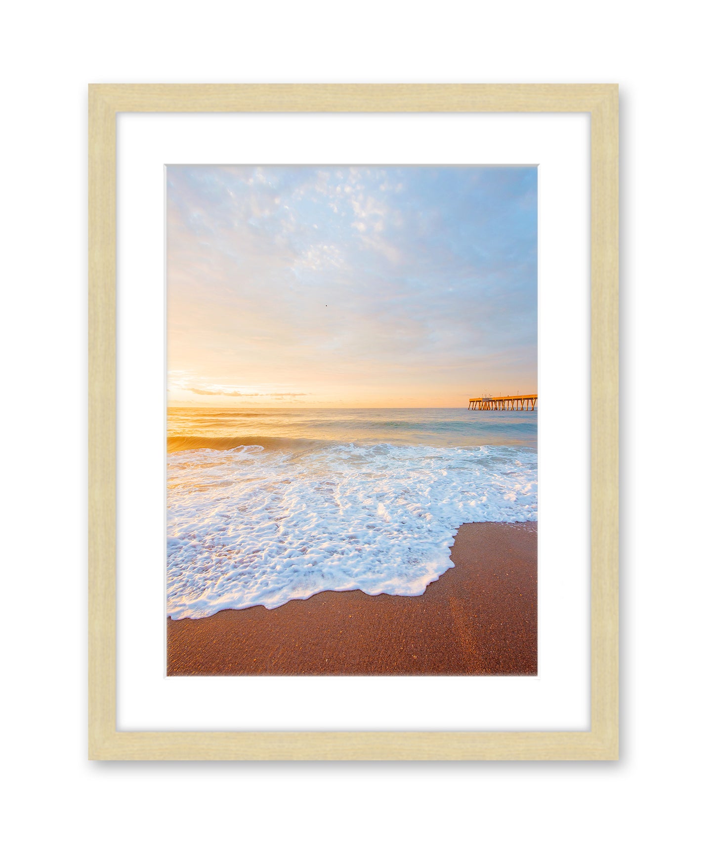 Blue Pastel Sunrise Wrightsville Beach Photograph, Natural Wood Frame by Wright and Roam