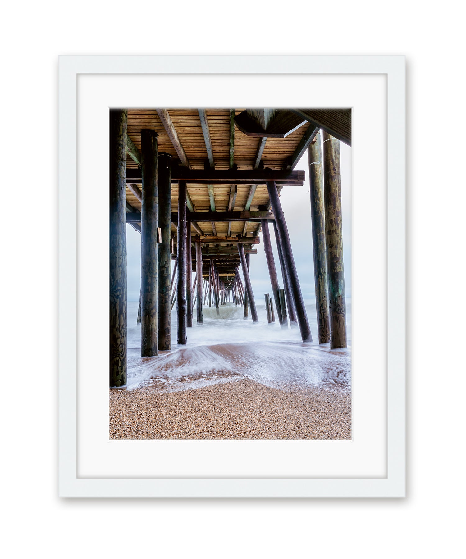 outer banks, avalon pier photograph art print by Wright and Roam, white wood frame