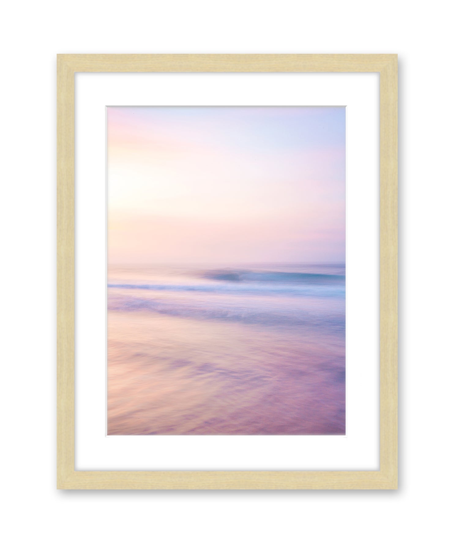 pastel pink abstract minimal beach photograph, natural wood frame, by wright and roam