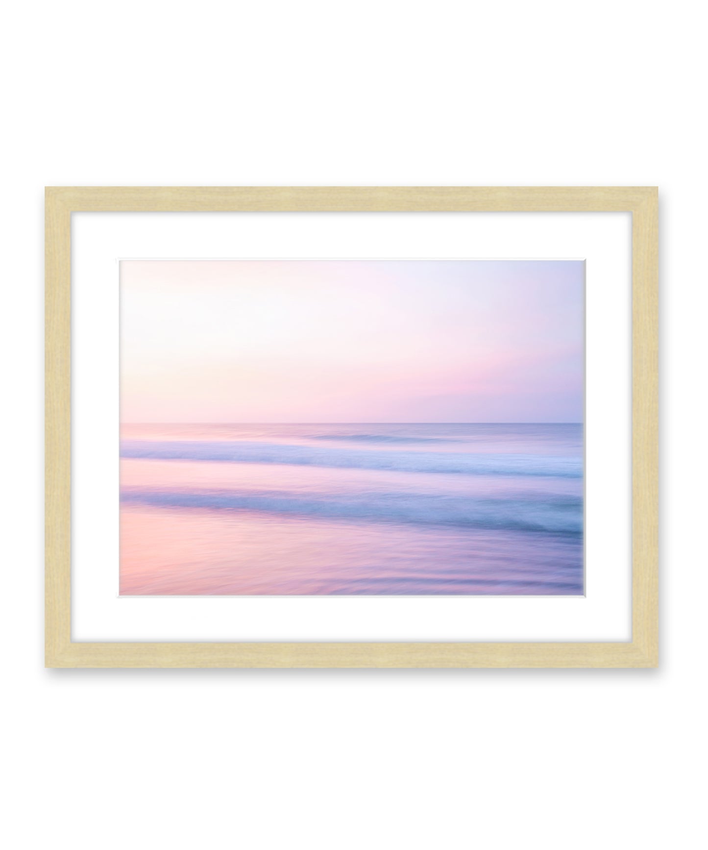 pastel pink abstract minimal ocean waves beach photograph, natural wood frame by Wright and Roam