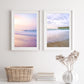 coastal beach house decor, pastel pink and purple sunrise beach photographs
