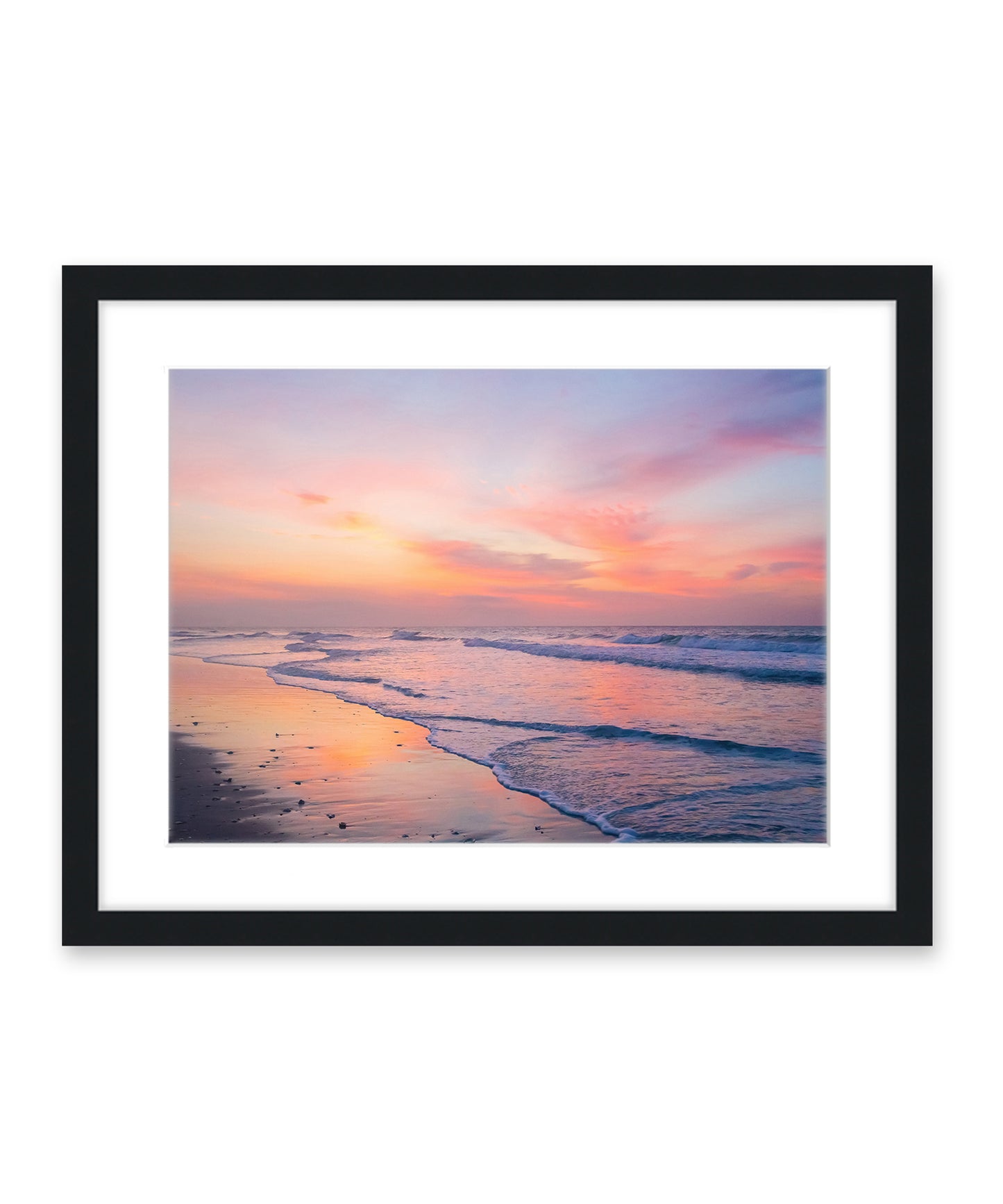 colorful pink and purple sunrise Wrightsville beach photograph, black frame by Wright and Roam