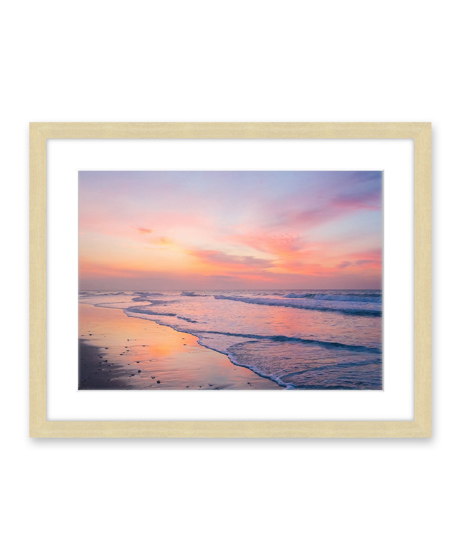 colorful pink and purple sunrise Wrightsville beach photograph, natural wood frame by Wright and Roam