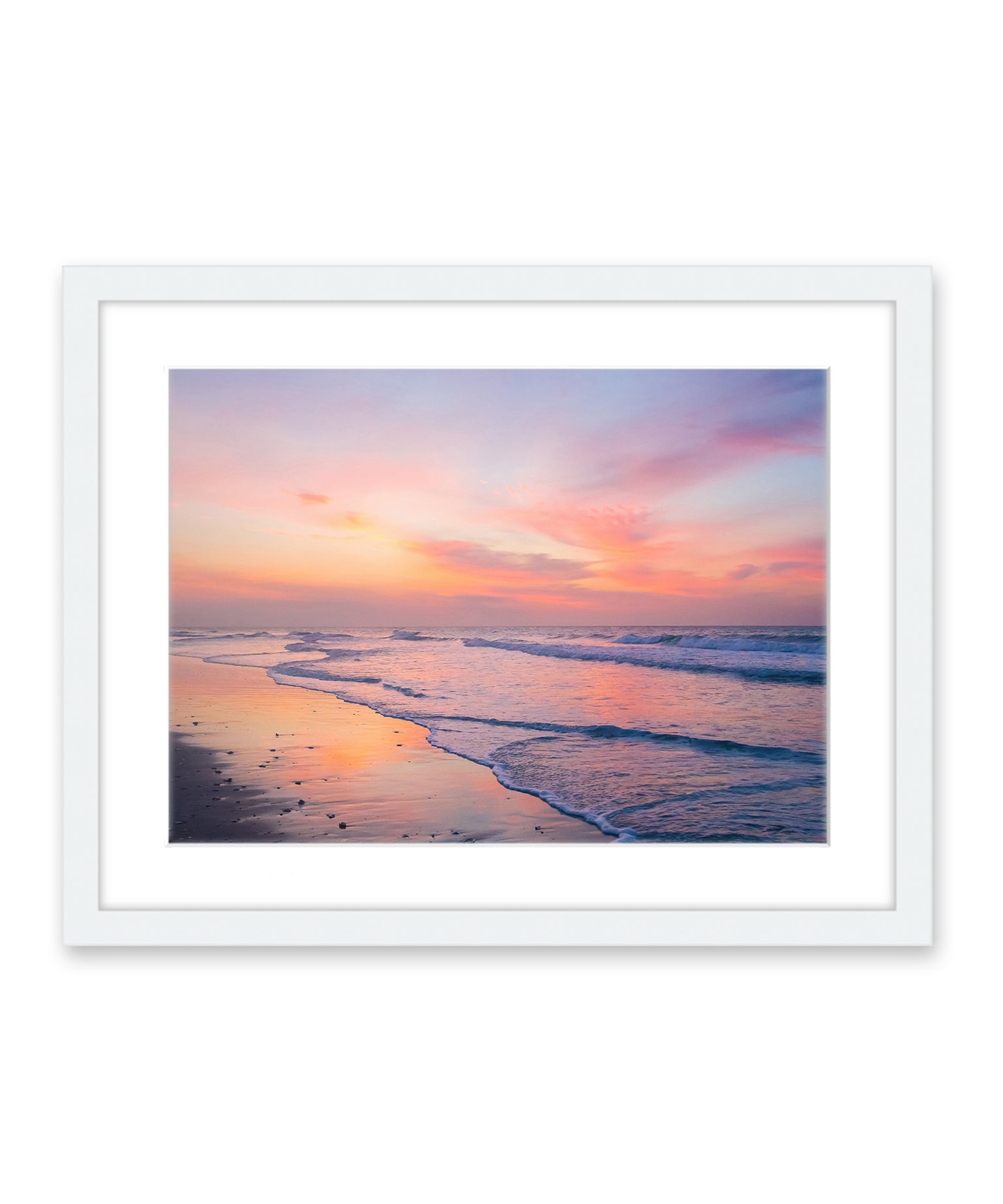 colorful pink and purple sunrise Wrightsville beach photograph, white frame by Wright and Roam