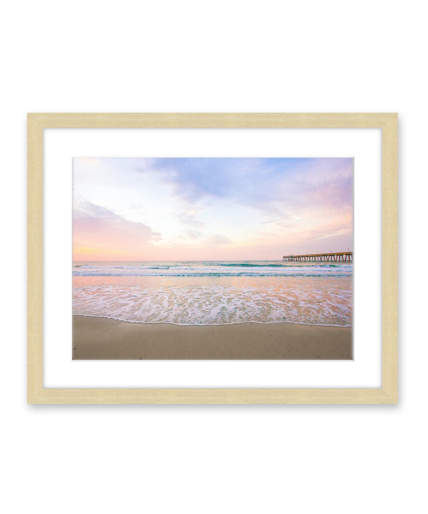 pastel pink and purple sunrise Wrightsville beach photograph, natural wood frame by Wright and Roam