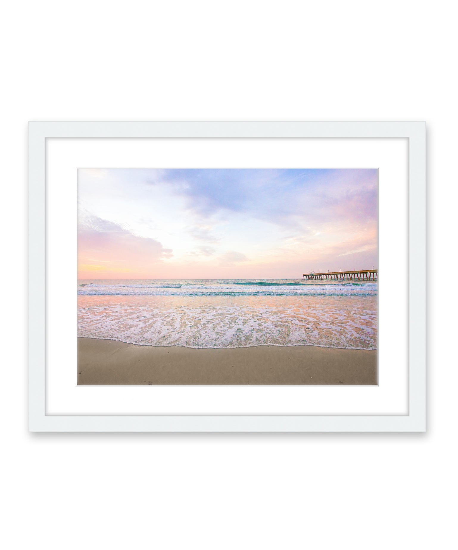pastel pink and purple sunrise Wrightsville beach photograph, white frame by Wright and Roam