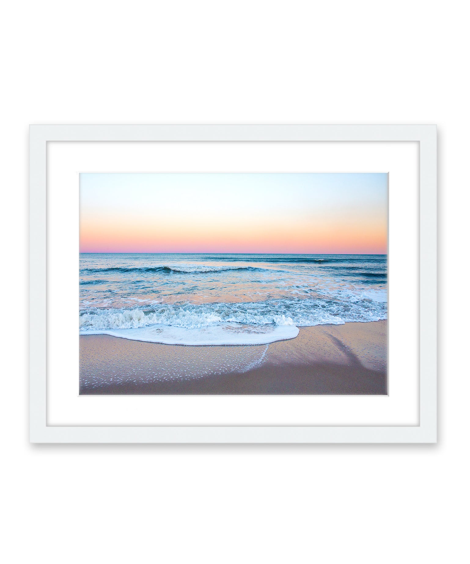 blue rainbow sunset beach photograph, white frame, by Wright and Roam