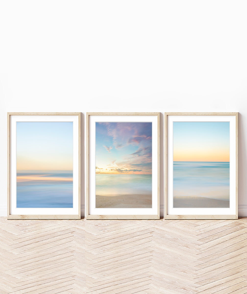 set of 3 pastel blue abstract beach photographs, wright and roam