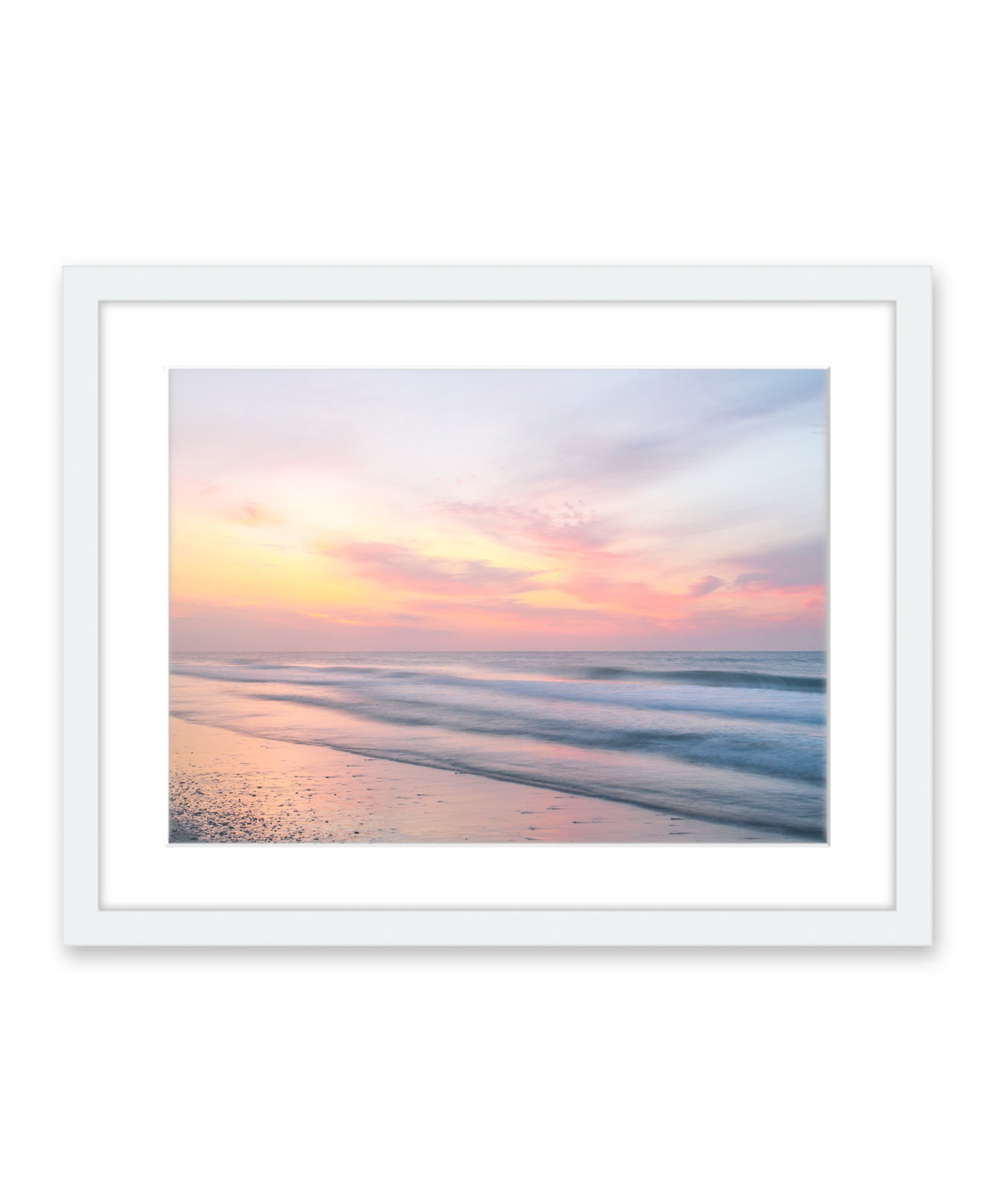 abstract pastel sunrise beach photograph, white frame by Wright and Roam