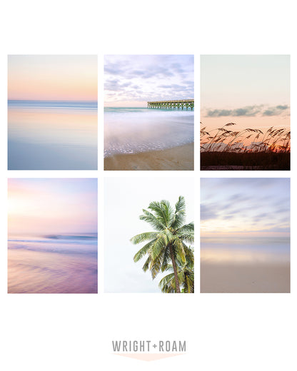 set of 6 tropical beach prints, pastel pink and purple sunrise beach photographs, Wright and Roam