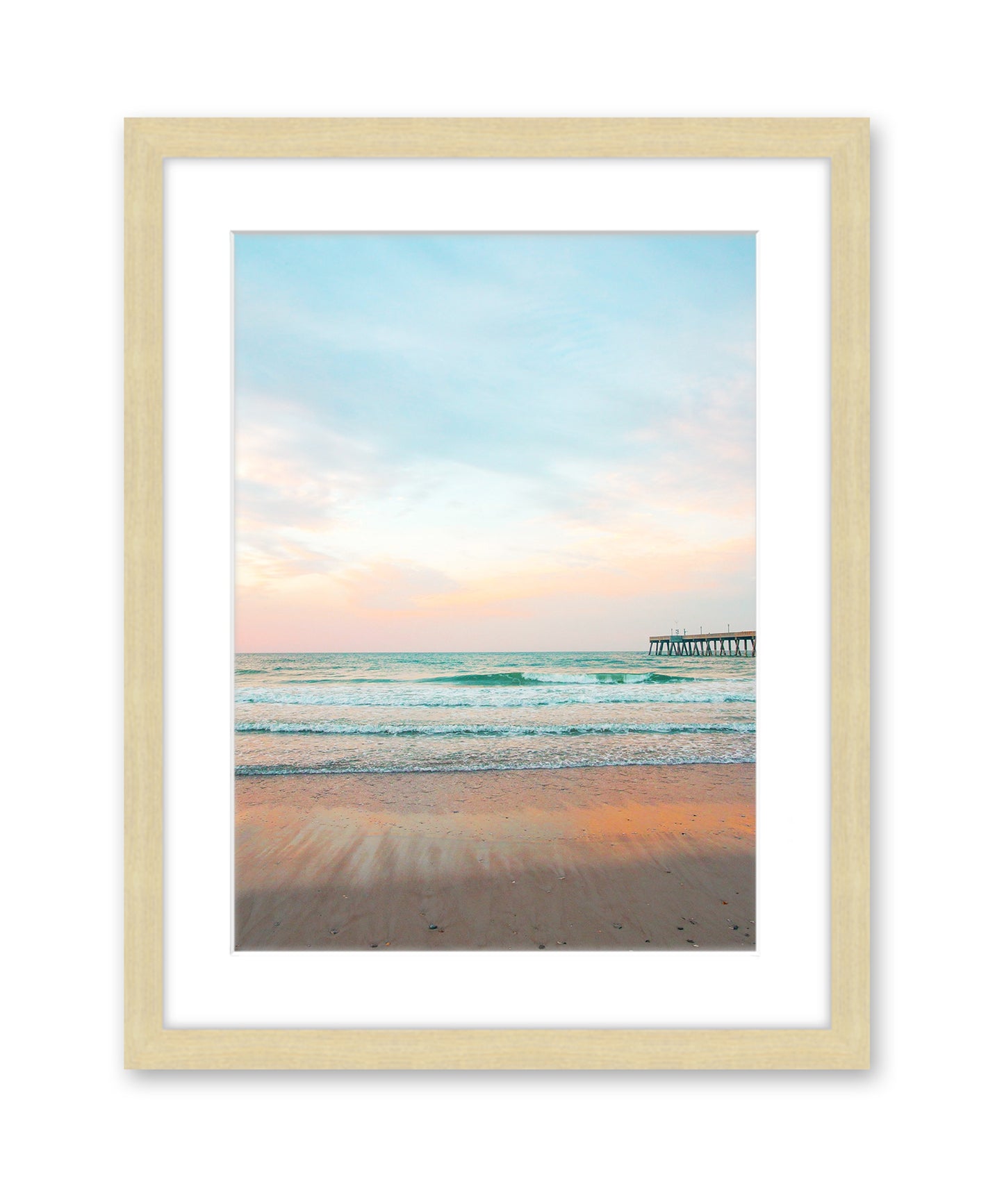blue beach photograph, natural wood frame wright and roam