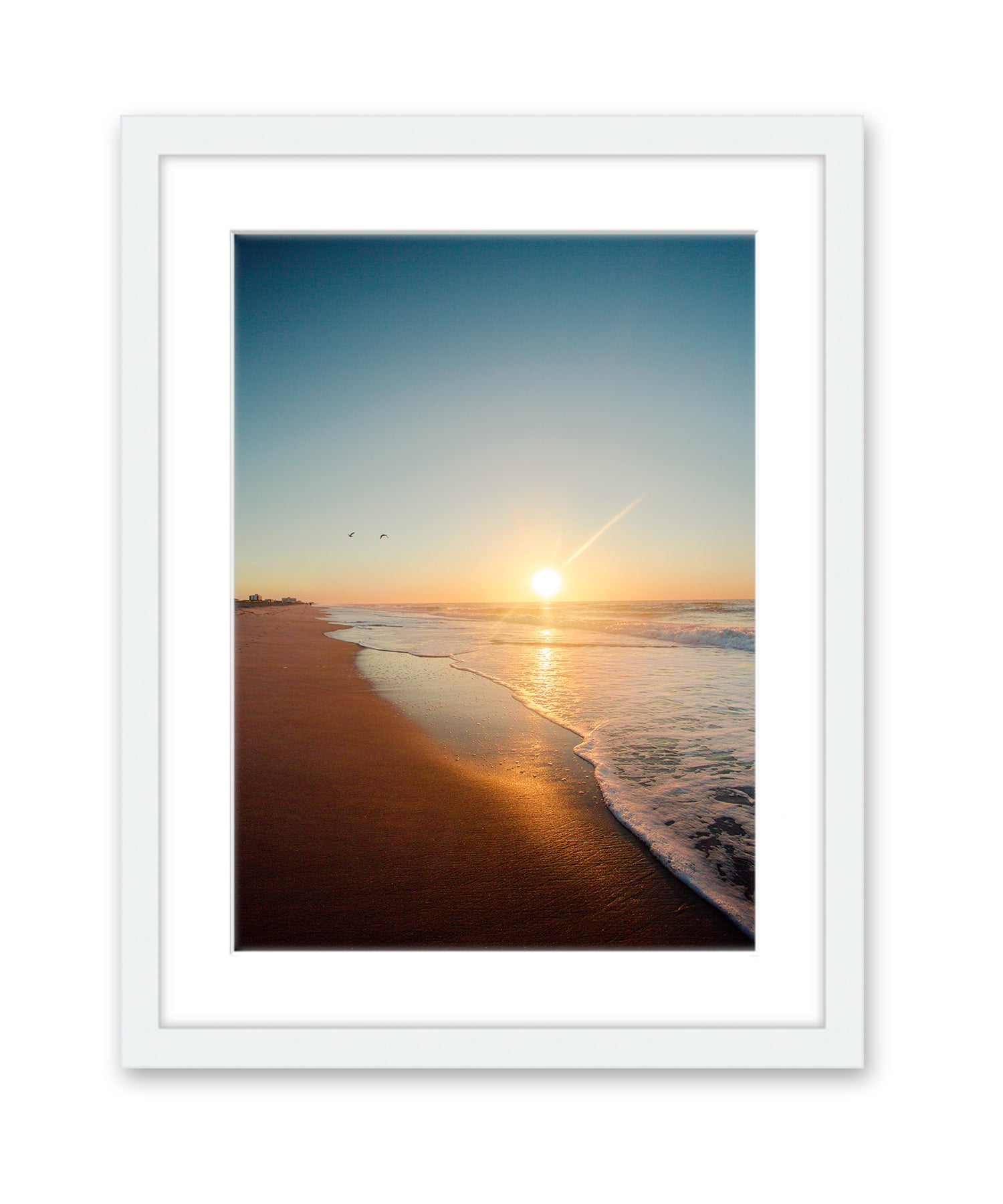 Blue and Yellow Sunrise Wrightsville Beach Photograph, White Frame by Wright and Roam