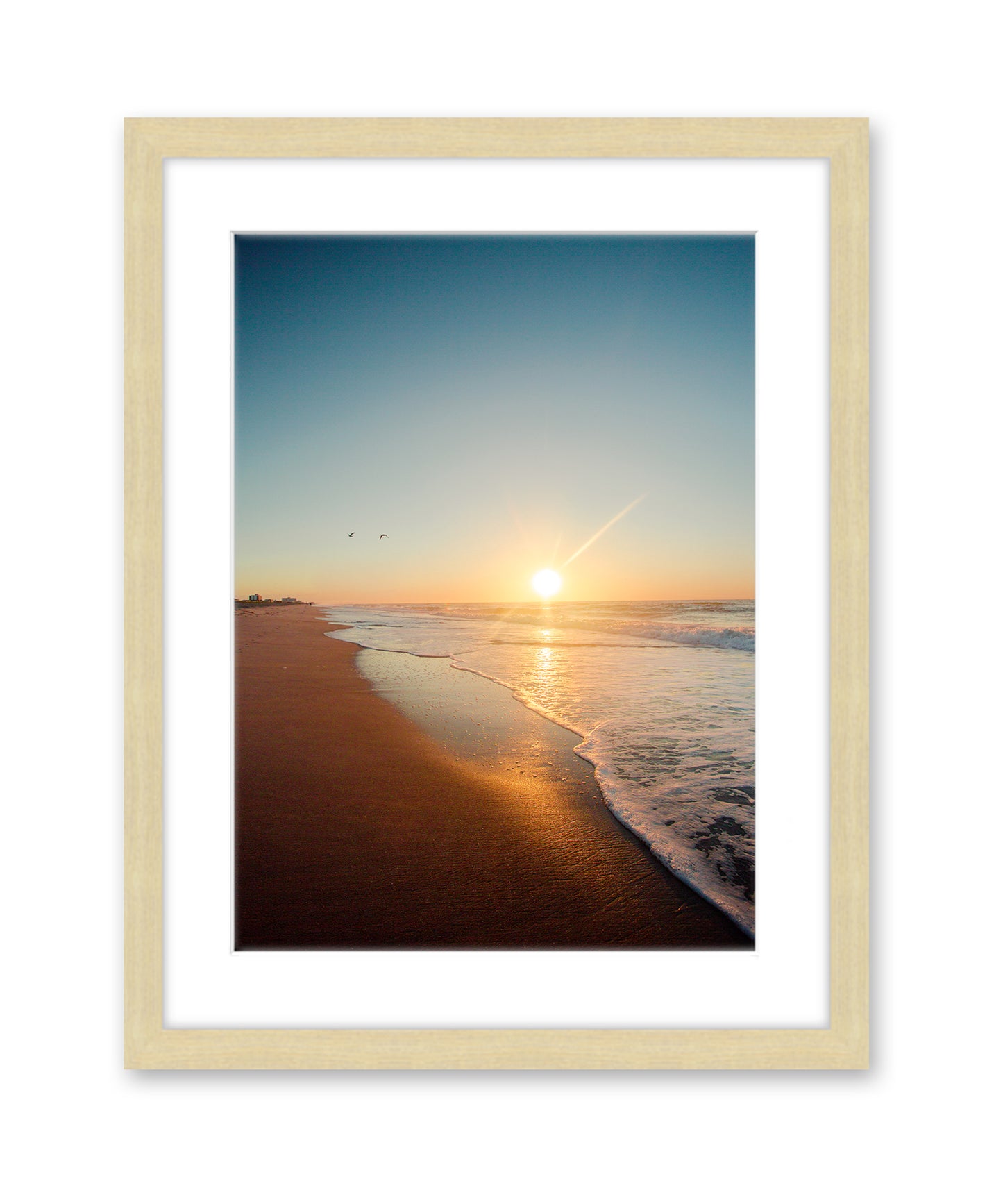 Blue and Yellow Sunrise Wrightsville Beach Photograph, Natural Wood Frame by Wright and Roam