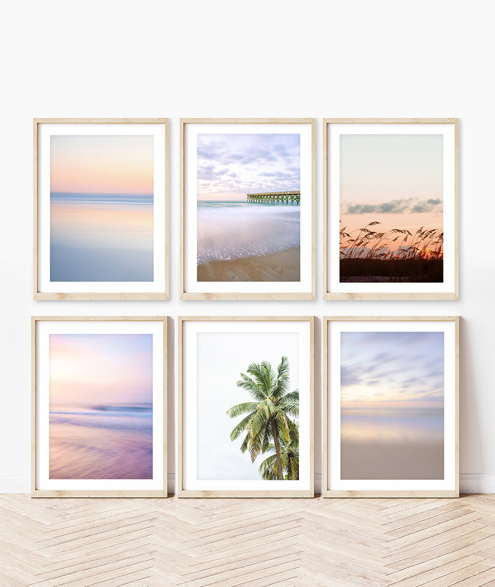 set of 6 tropical beach prints, pastel pink and purple sunrise beach photographs, by Wright and Roam