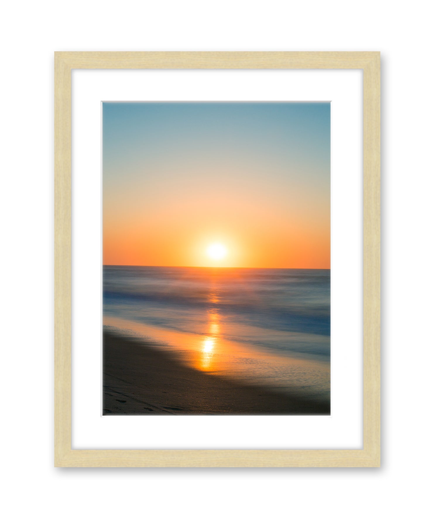 sunrise beach print, natural wood frame by wright and roam