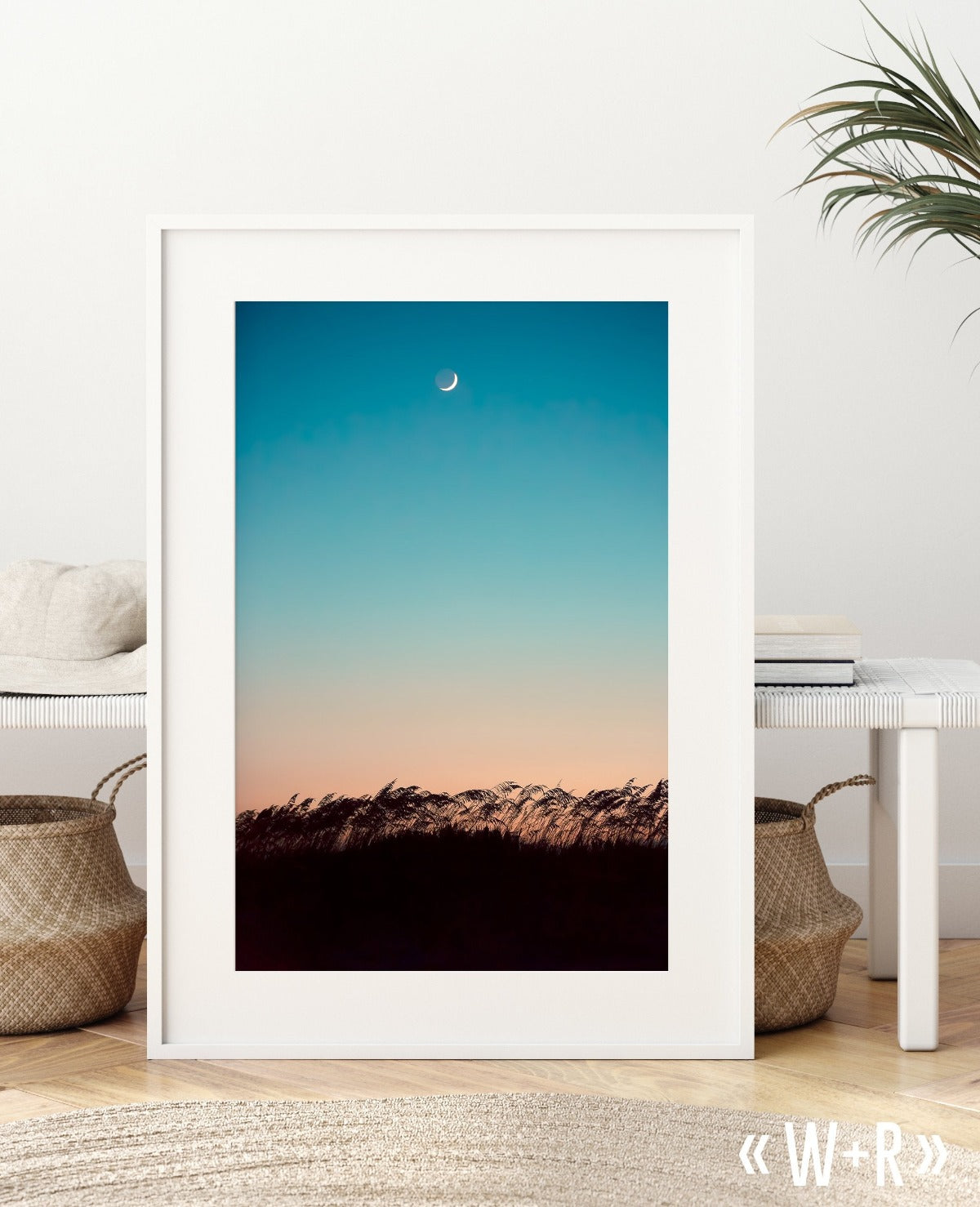 Boho Decor Style, Moon Teal Sunset Beach Print