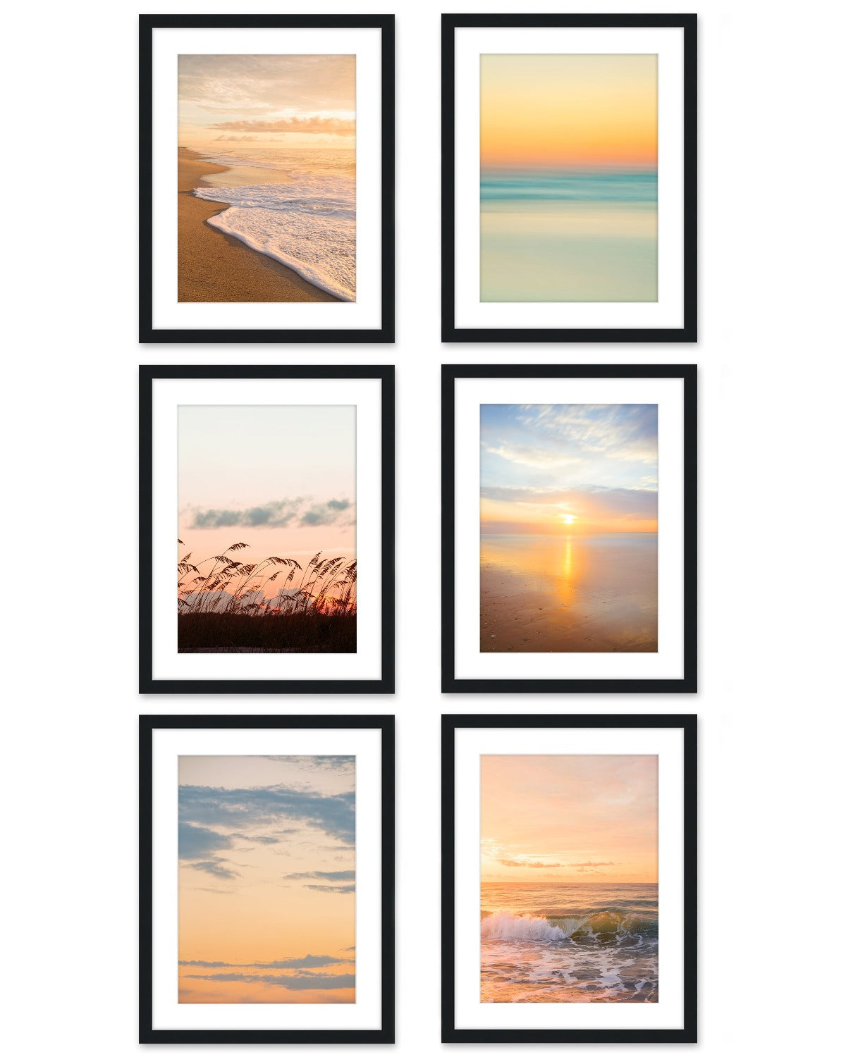 set of six warm sunset beach photographs, black wood frame by Wright and Roam