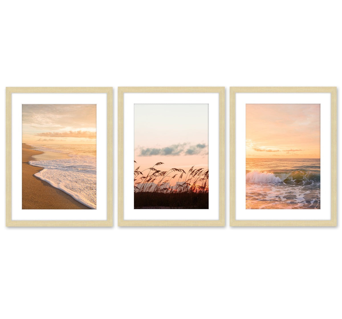 warm sunset beach photograph, set of 3, natural wood frames by Wright and Roam