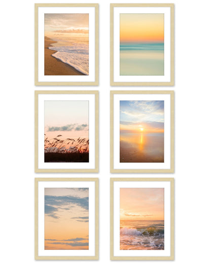 set of six warm sunset beach photographs, natural wood frame by Wright and Roam