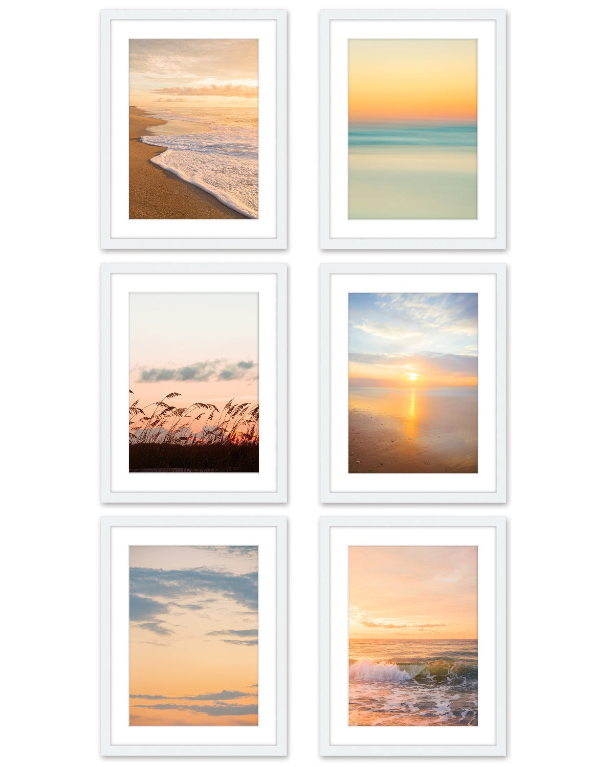 set of six warm sunset beach photographs, white wood frame by Wright and Roam