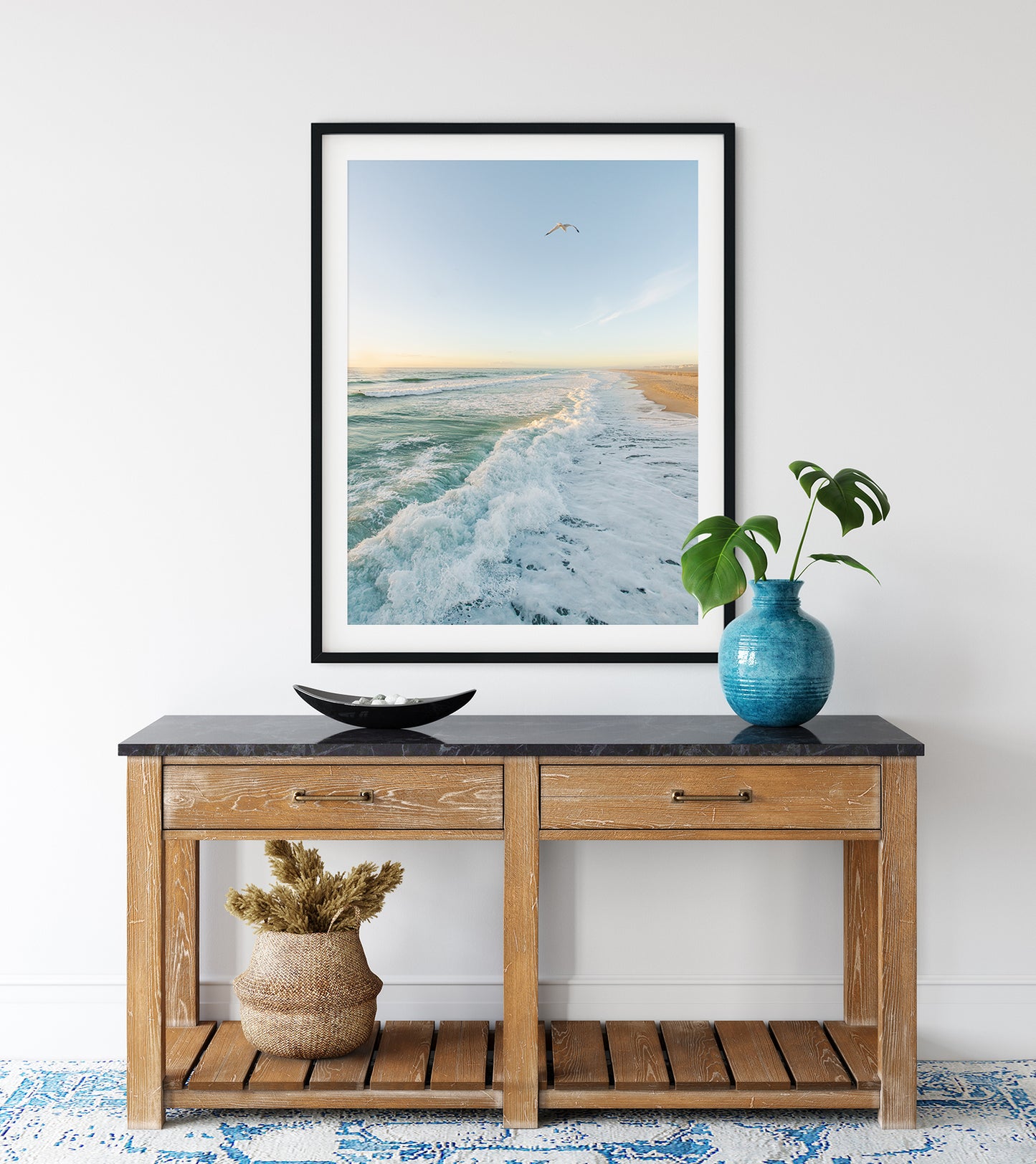 costal surf shak decor featuring black frame wrightsville beach print
