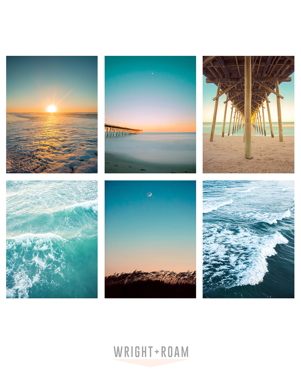 set of six yellow teal sunset beach photographs, Wright and Roam