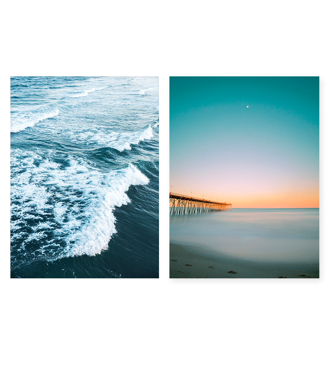 set of 2 teal blue sunset beach prints by Wright and Roam