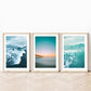 set of 3 teal blue sunset beach photographs by Wright and Roam