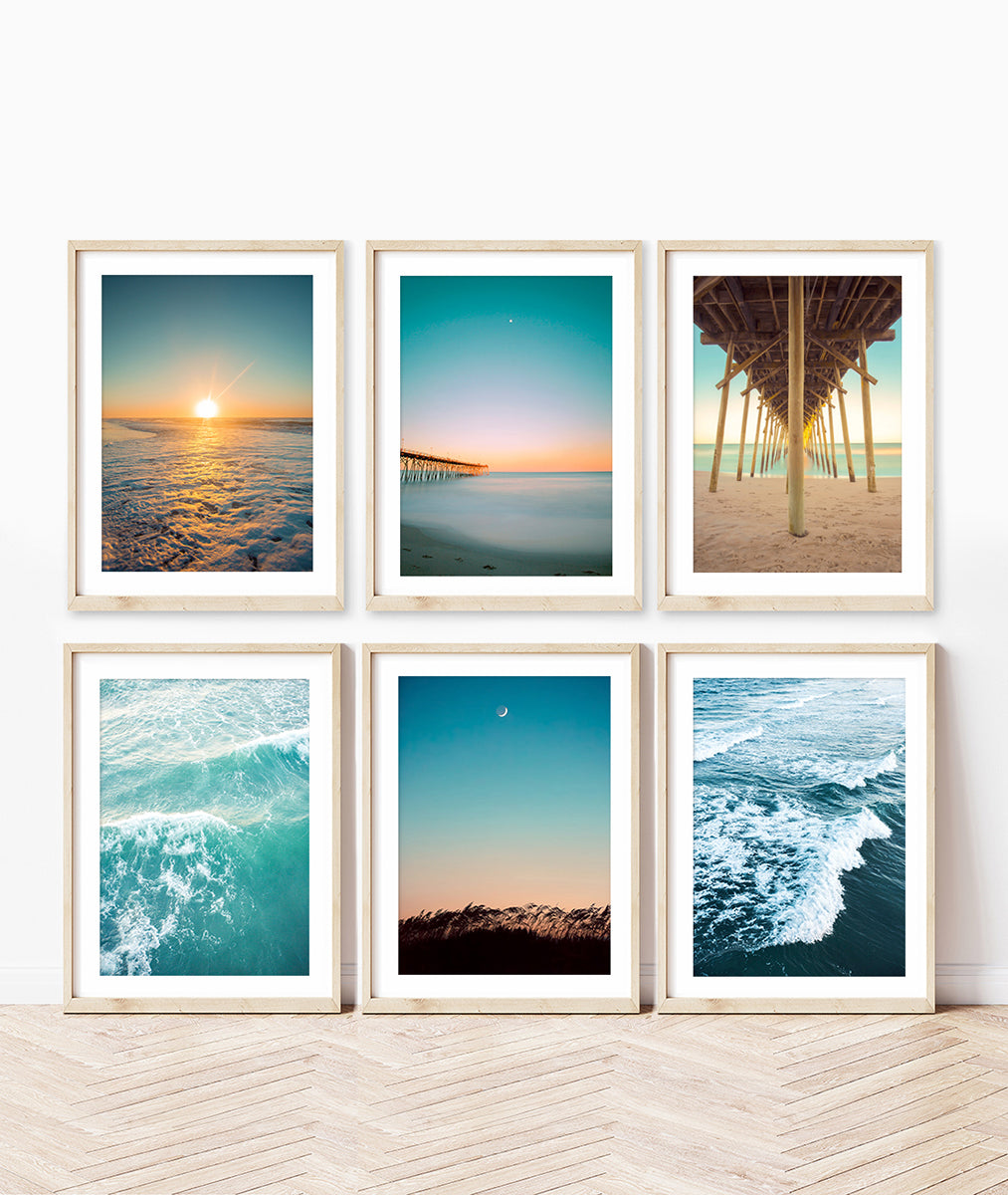 set of 6 teal sunset beach prints, Wright and Roam