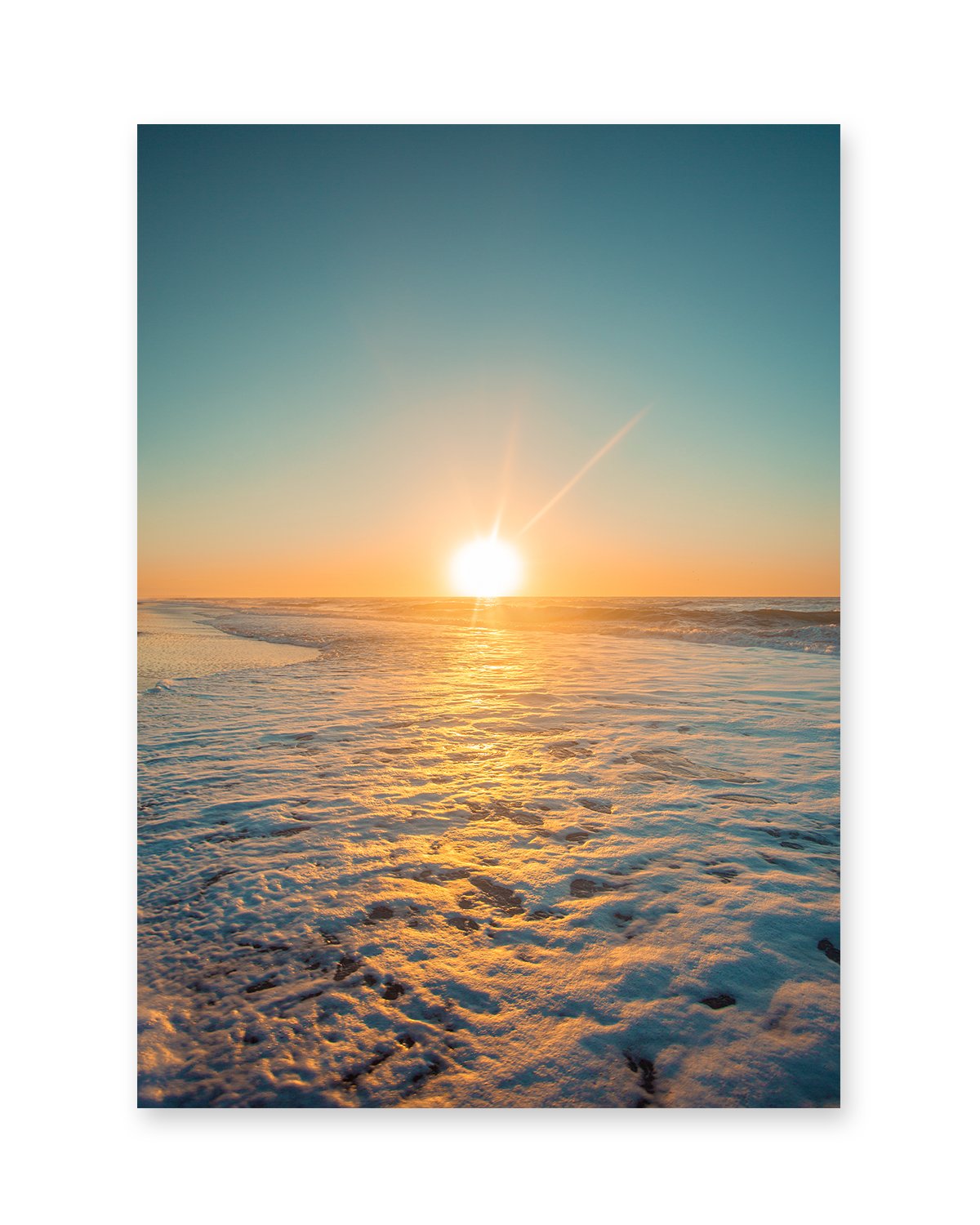 teal blue sunrise beach print, wright and roam