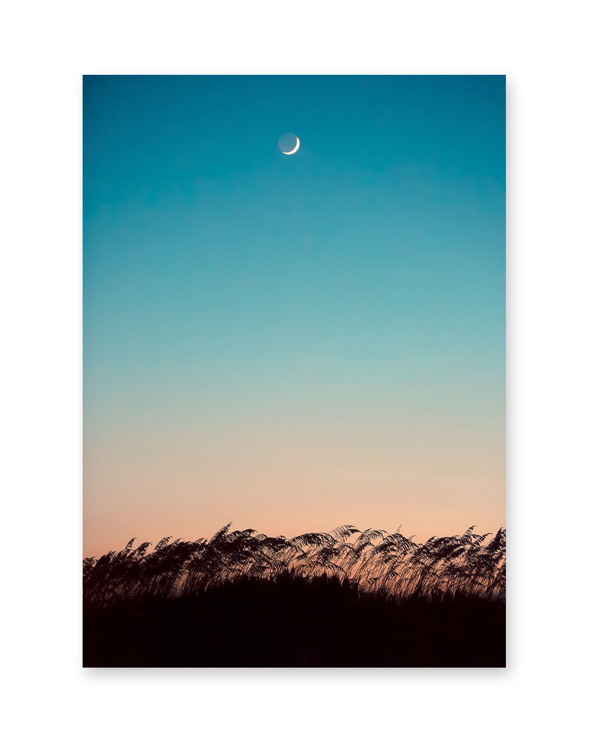 Teal Sunset Beach Photograph with moon, by Wright and Roam