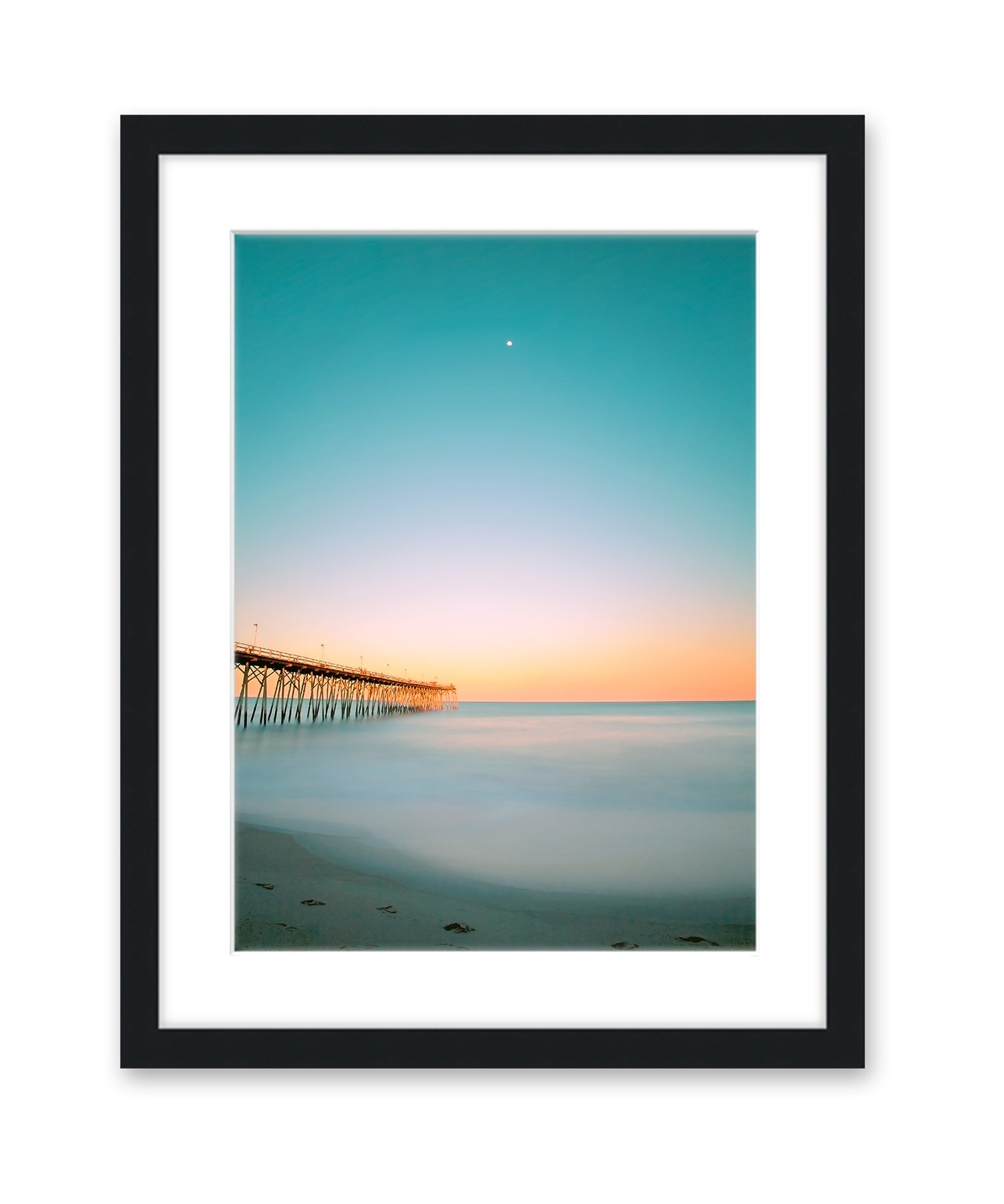 teal sunset beach photograph, black wood frame by Wright and Roam