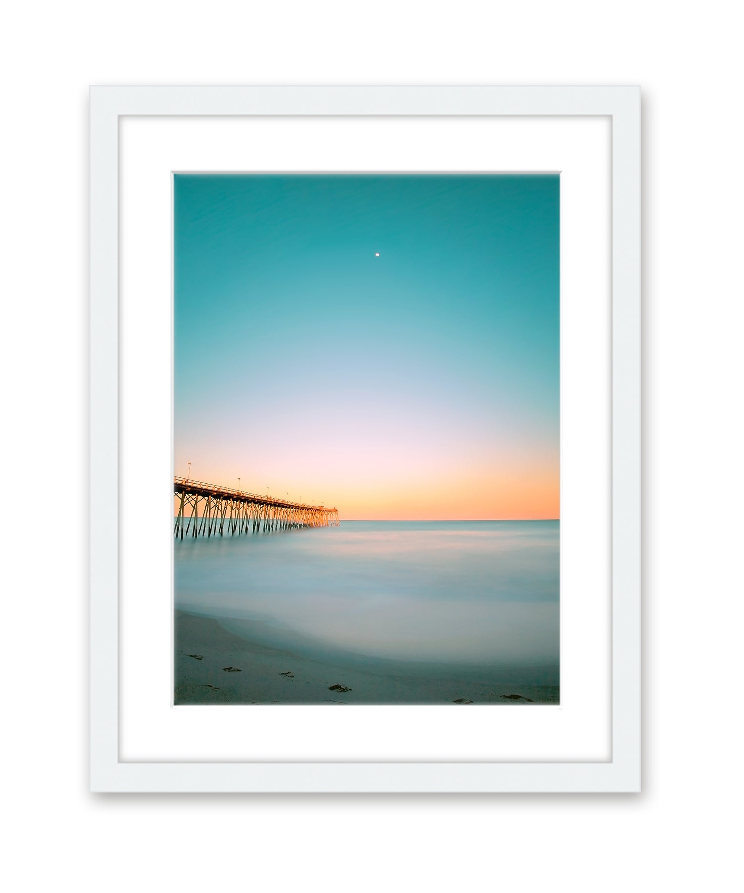 teal sunset beach photograph, white wood frame by Wright and Roam