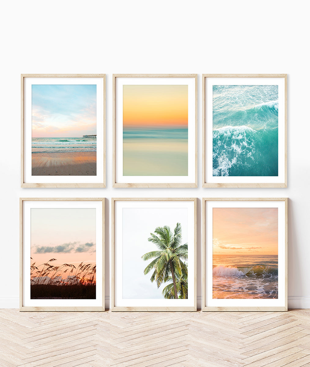 set of six gallery wall tropical colorful sunset beach photographs, Wright and Roam