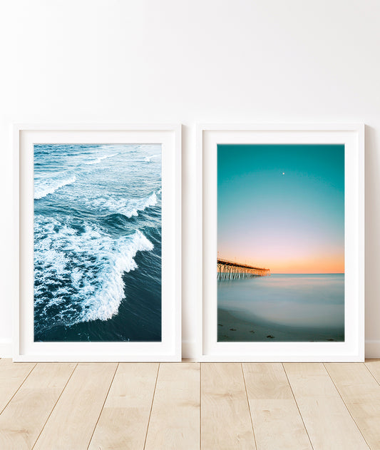 Set of 2 Teal Blue Sunset Beach Prints, Wright and Roam