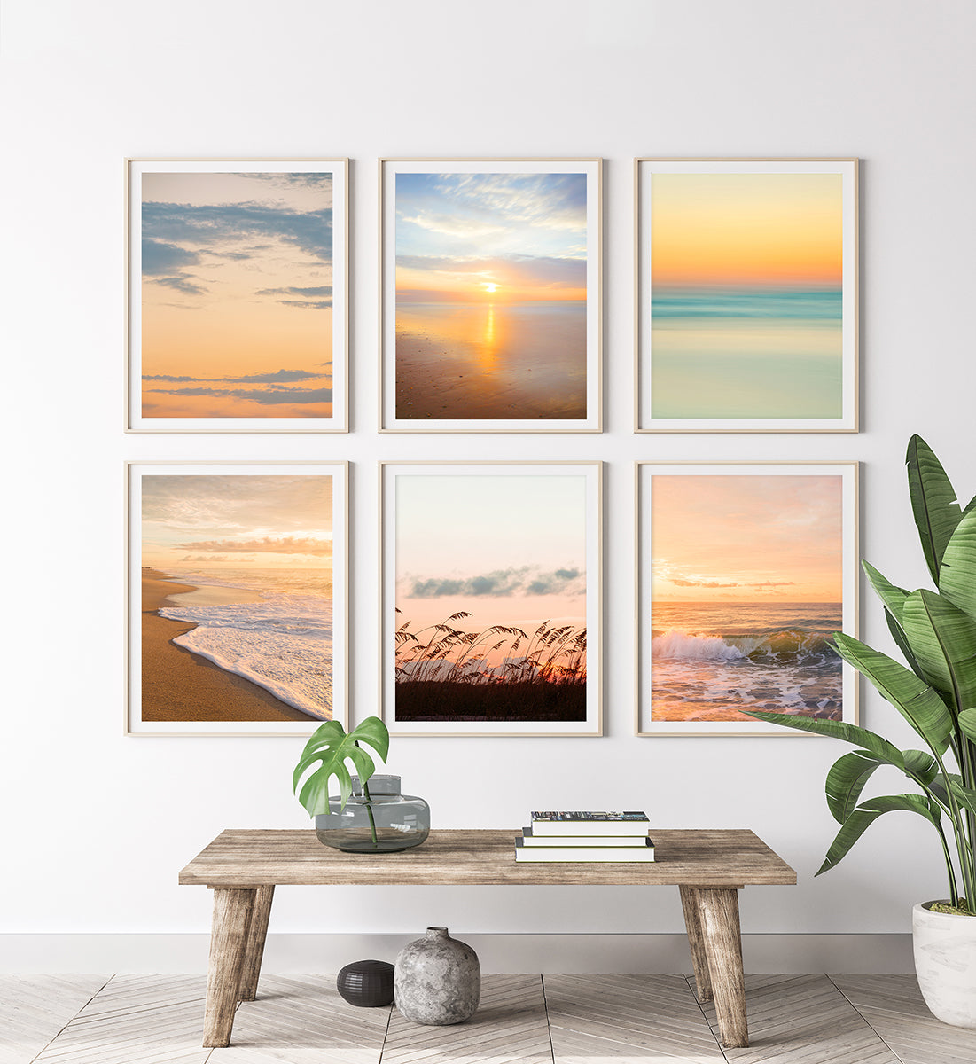 modern coastal entryway decor, gallery wall set of six warm tropical beach photographs