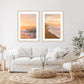 boho coastal living room decor, two golden sunset beach photographs