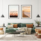 eclectic living room decor, two warm sunset beach photographs by Wright and Roam