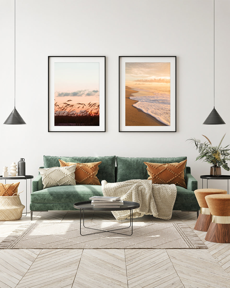 eclectic living room decor, two warm sunset beach photographs by Wright and Roam