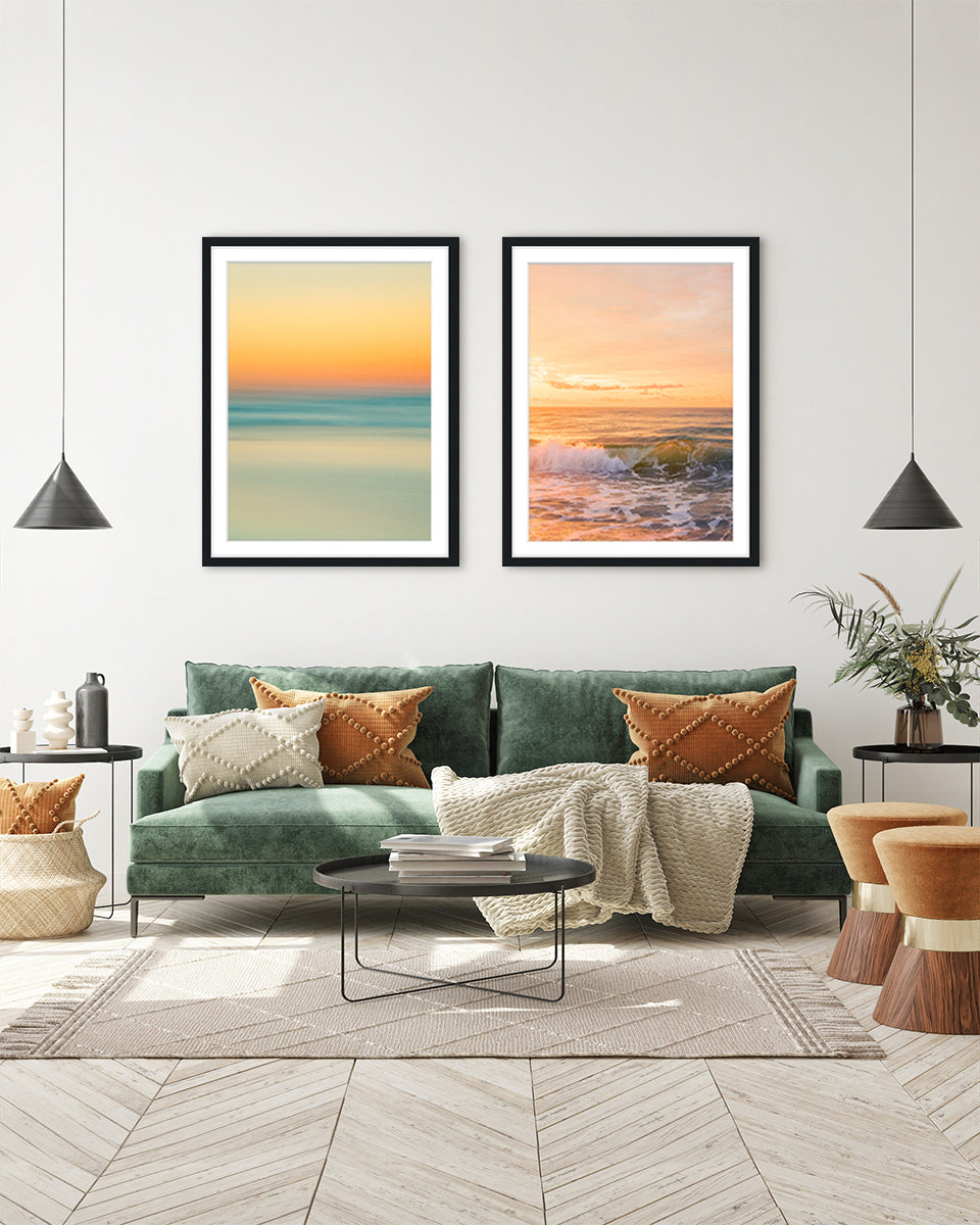 eclectic living room decor, set of 2 warm sunrise beach photographs by Wright and Roam