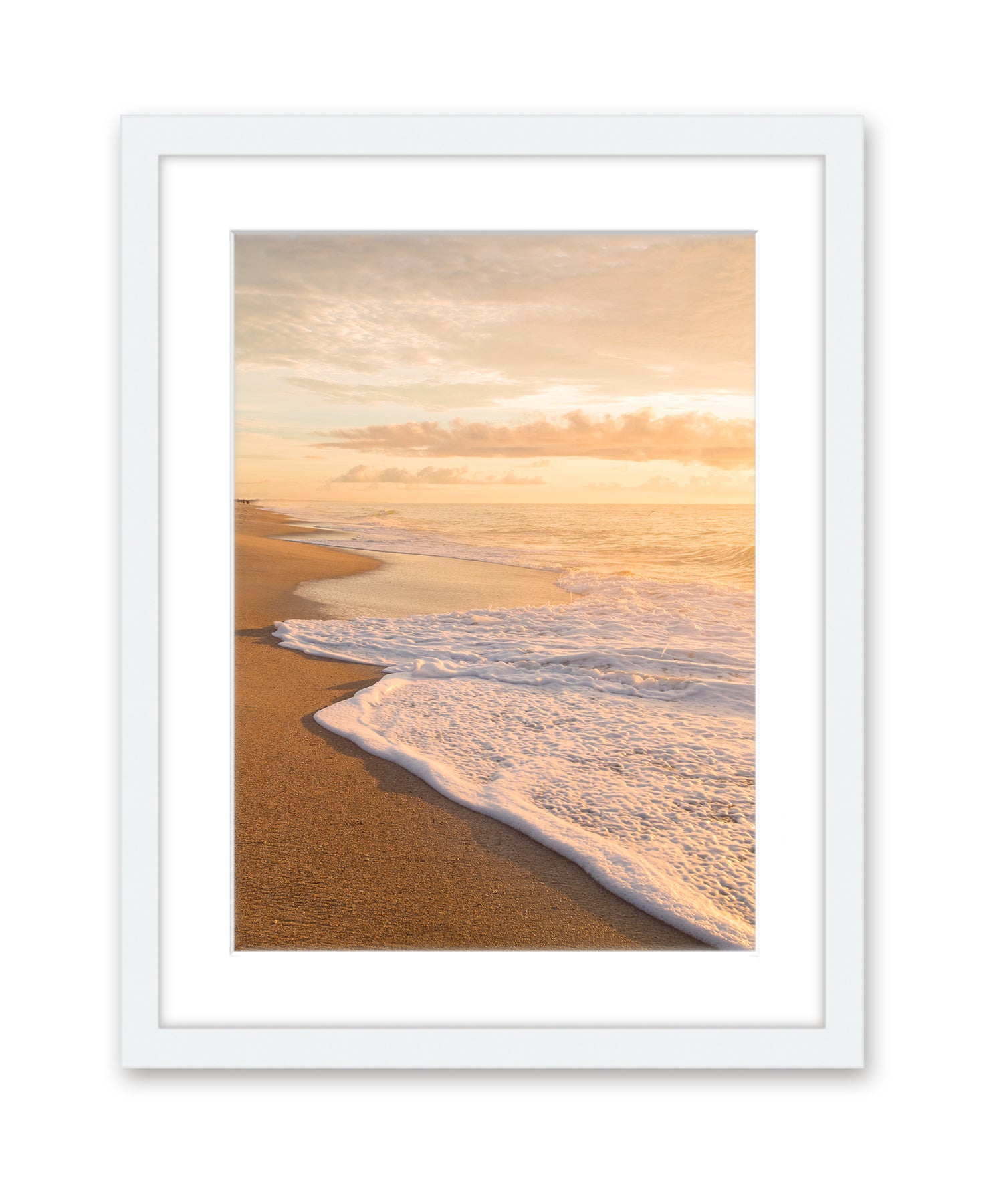 warm sunrise beach print white wood frame wright and roam