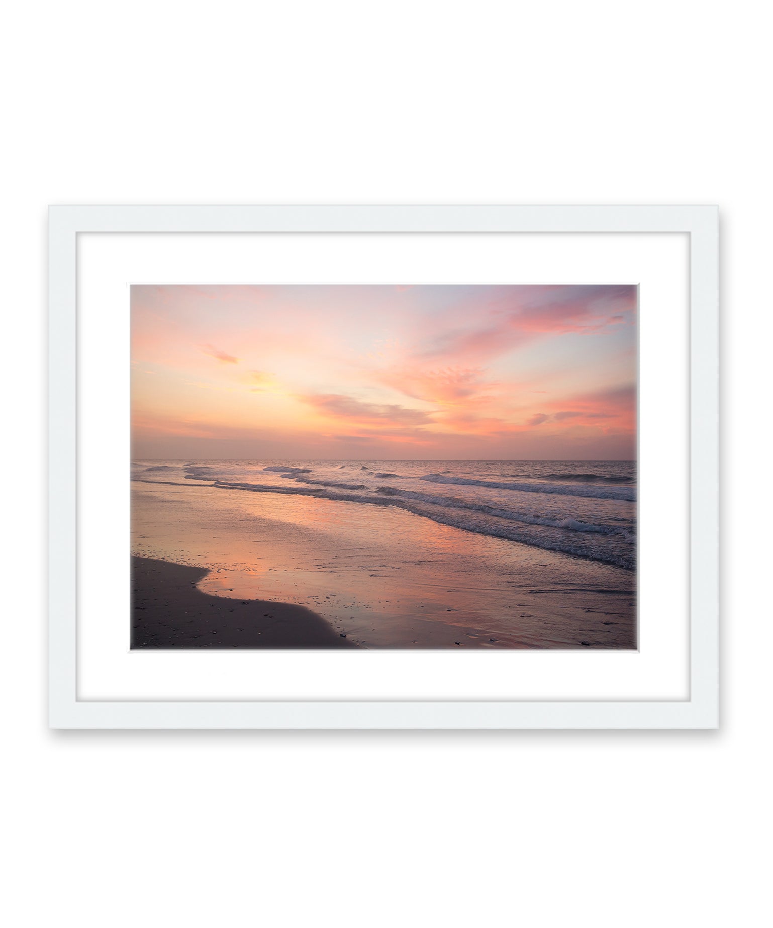 warm colorful sunrise beach photograph, white frame by Wright and Roam