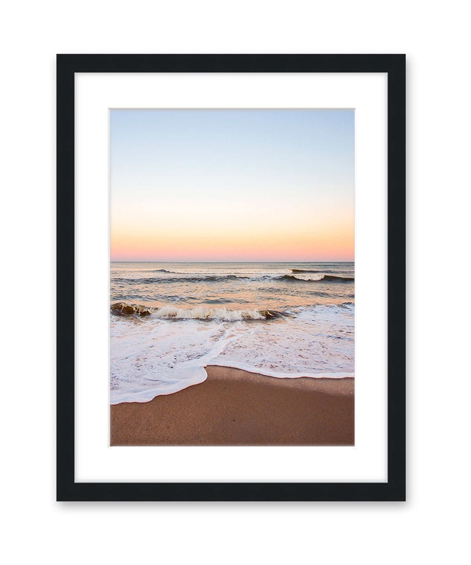 warm sunset beach print, black wood frame wright and roam
